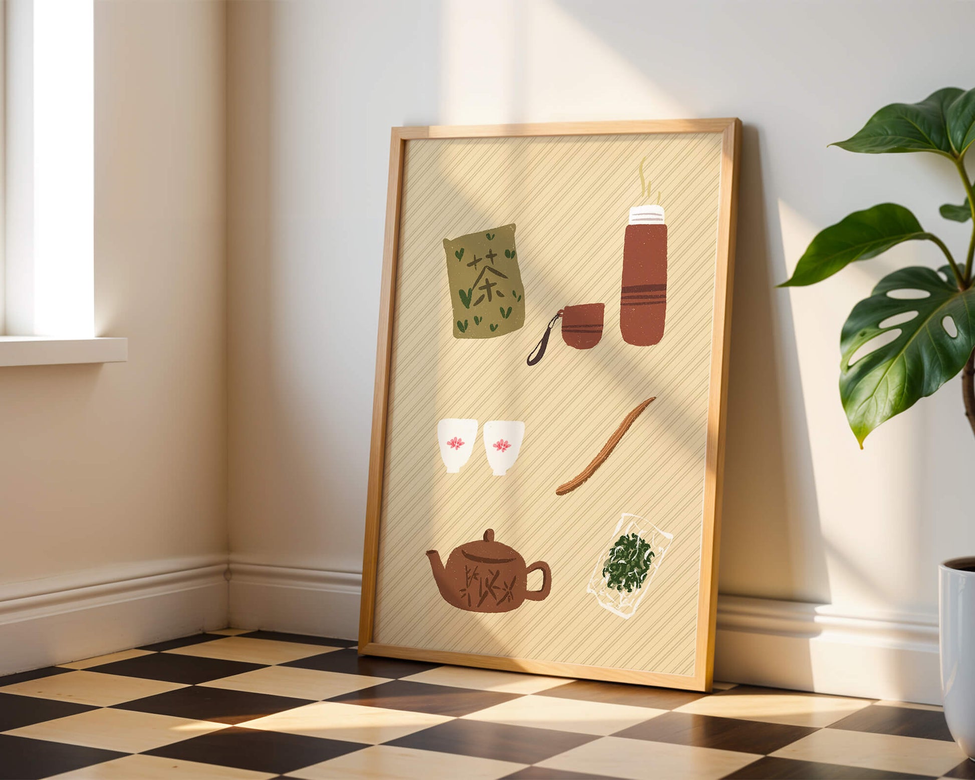 Illustración de un juego de té tradicional con hojas de té y accesorios