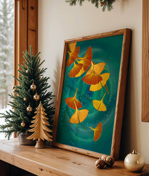 Blätter des Ginkgo-Stylings auf einem türkisfarbenen Hintergrund schweben