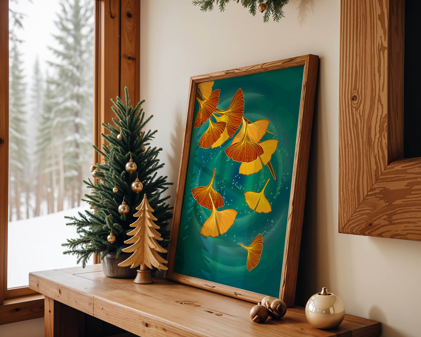 Stylized Ginkgo Leaves Floating on a Turquoise Background