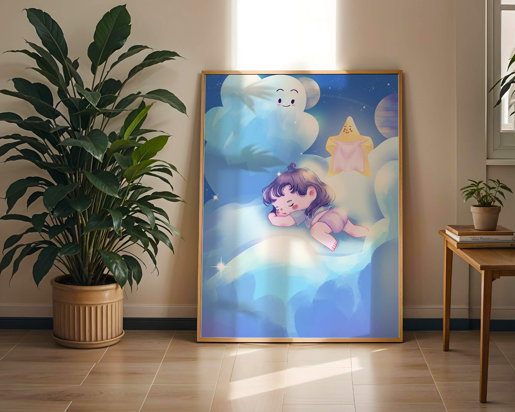 Dreamy illustration of sleeping child on clouds with smiling cloud and star