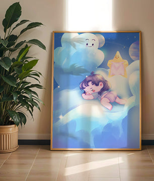 Dreamy illustration of sleeping child on clouds with smiling cloud and star