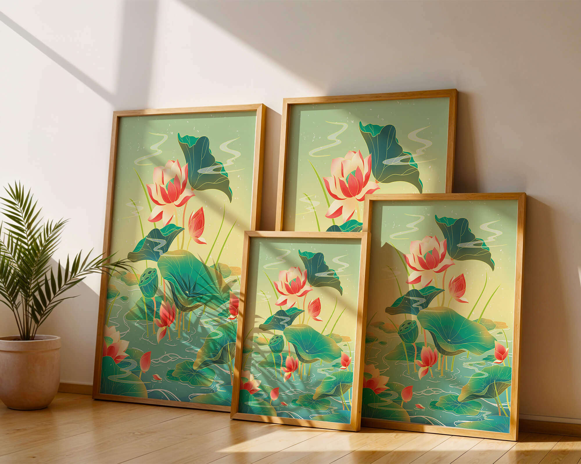 Serene lotus pond with vibrant lilies and lush green leaves
