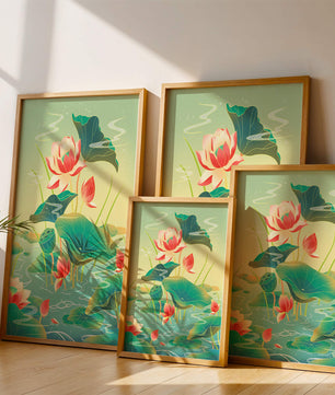 Serene lotus pond with vibrant lilies and lush green leaves