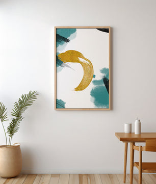 Abstract Gold and Teal Brush Strokes on White Background