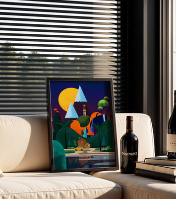 Colorful Modern Landscape with Geometric Elements and A House by The Lake Under The Night Sky