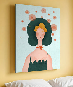 Whimsical Portrait of a Woman with Green Hair and Abstract Circles - Mi tienda