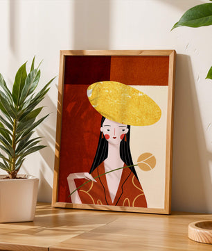 Elegant Woman with a Gold Hat and a Flower on a Red Background - Mi tienda