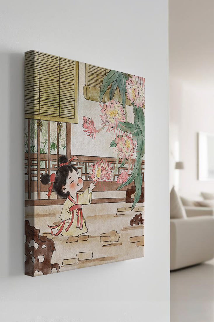 Little girl with flowers in traditional Asian garden
