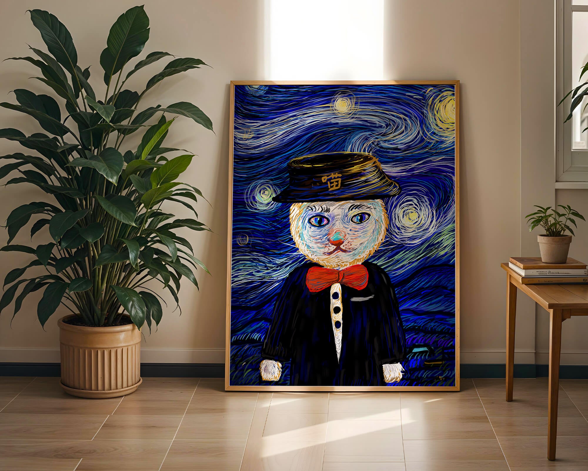 Whimsical cat character against starry night sky background