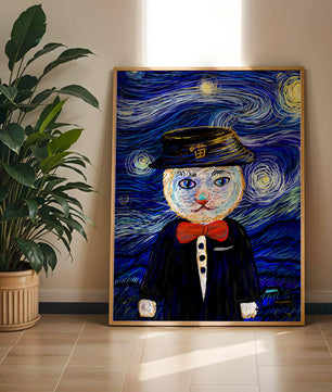 Whimsical cat character against starry night sky background