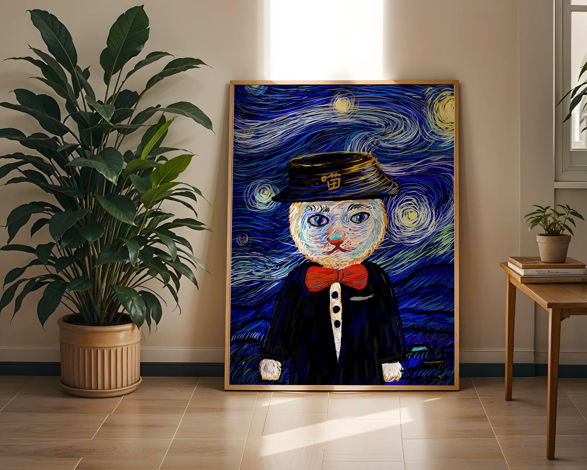 Whimsical cat character against starry night sky background