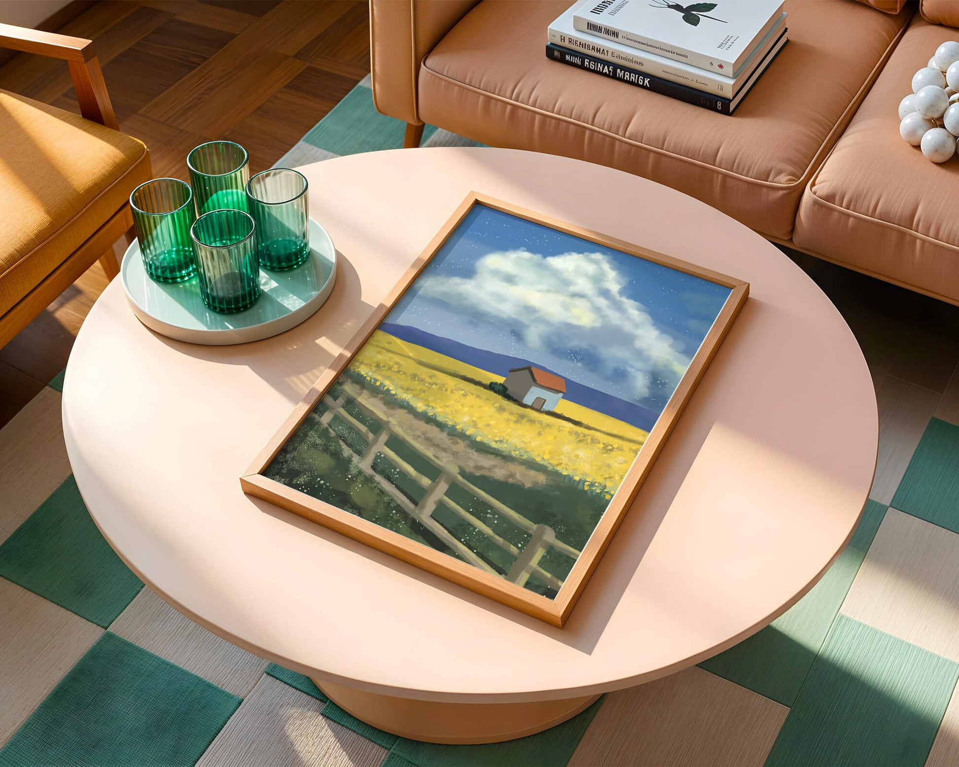 Idyllic rural scene with house and yellow field under blue sky