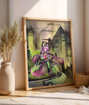 Cyberpunk-Anime-Figur im futuristischen Stadtbild 