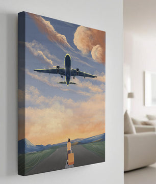 Serene airport departure with airplane and traveler at sunset