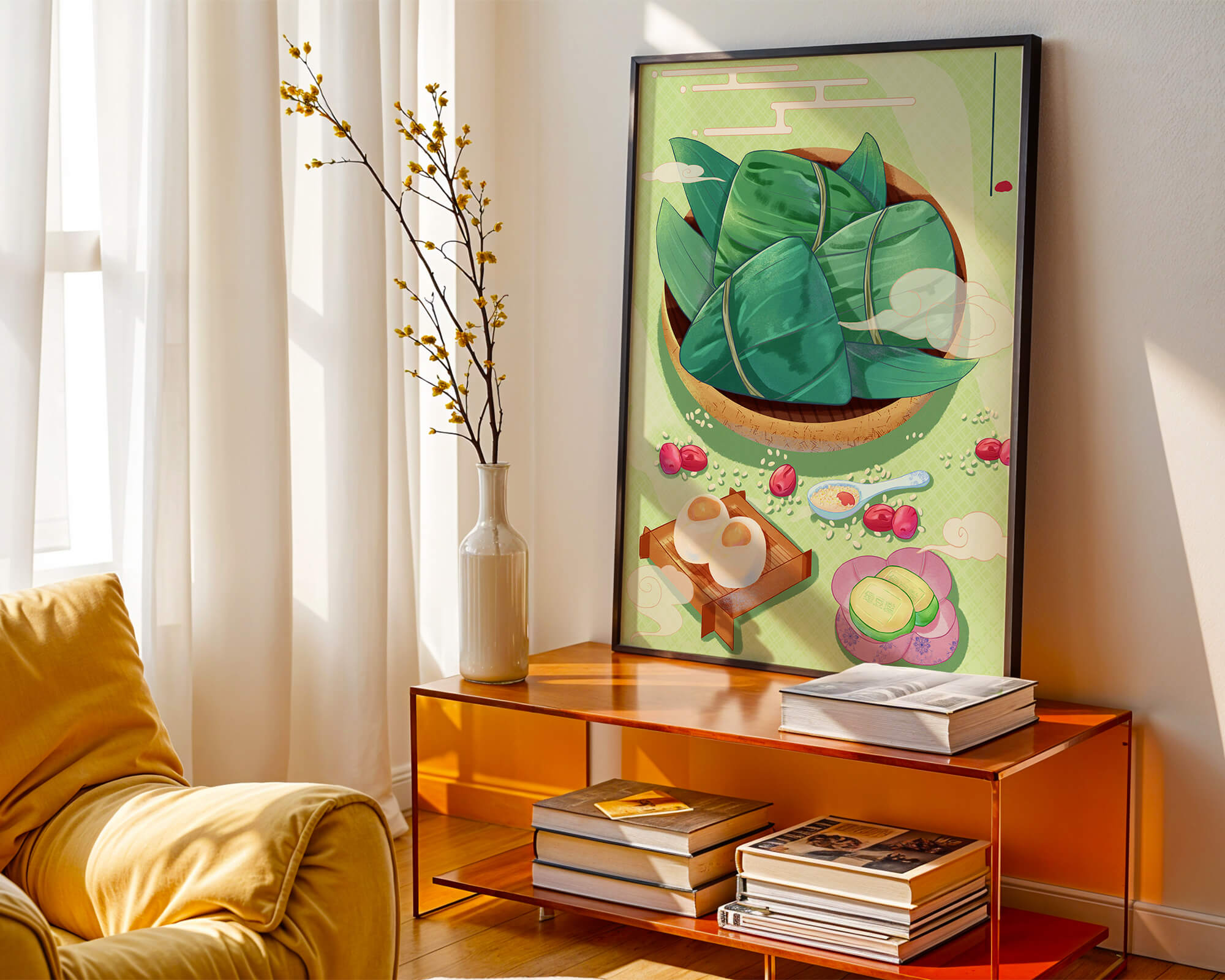 Traditional Asian food illustration with rice dumplings and mooncakes on a green background
