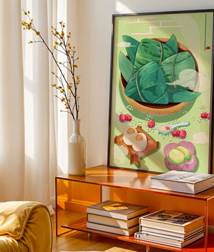 Traditional Asian food illustration with rice dumplings and mooncakes on a green background