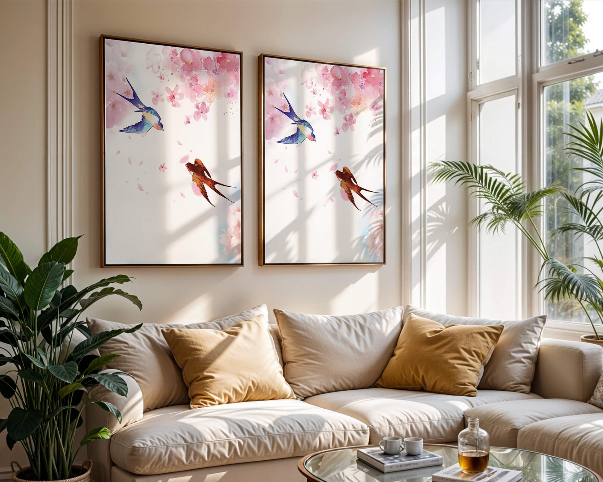 Pájaros coloridos y flores rosas en una escena primaveral de acuarela