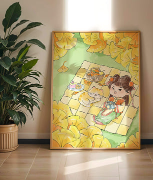Charming autumn picnic scene with girl and cat surrounded by ginkgo leaves