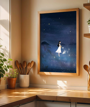 Niña en vestido blanco mirando al cielo estrellado