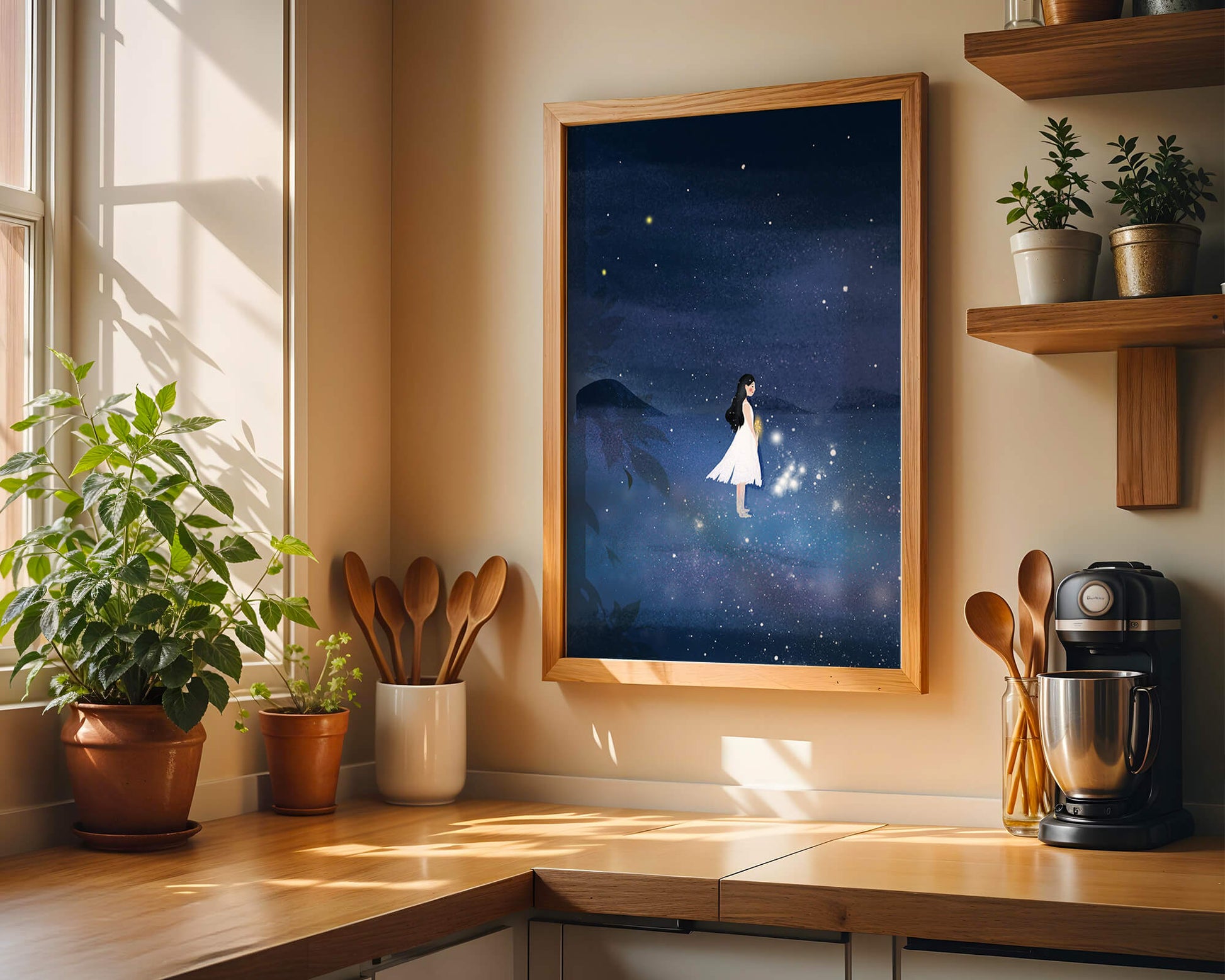 Girl in White Dress Gazing at Starry Night Sky