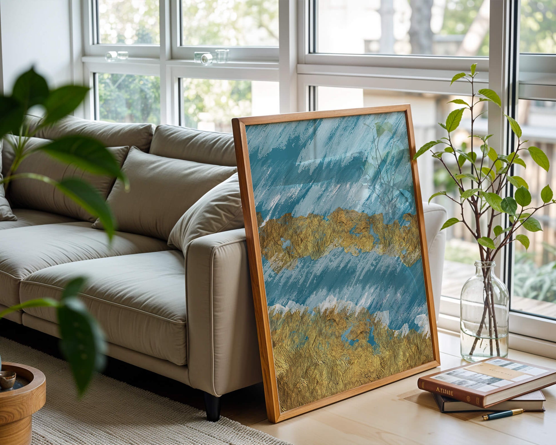 Abstract painting with gold texture and blue background