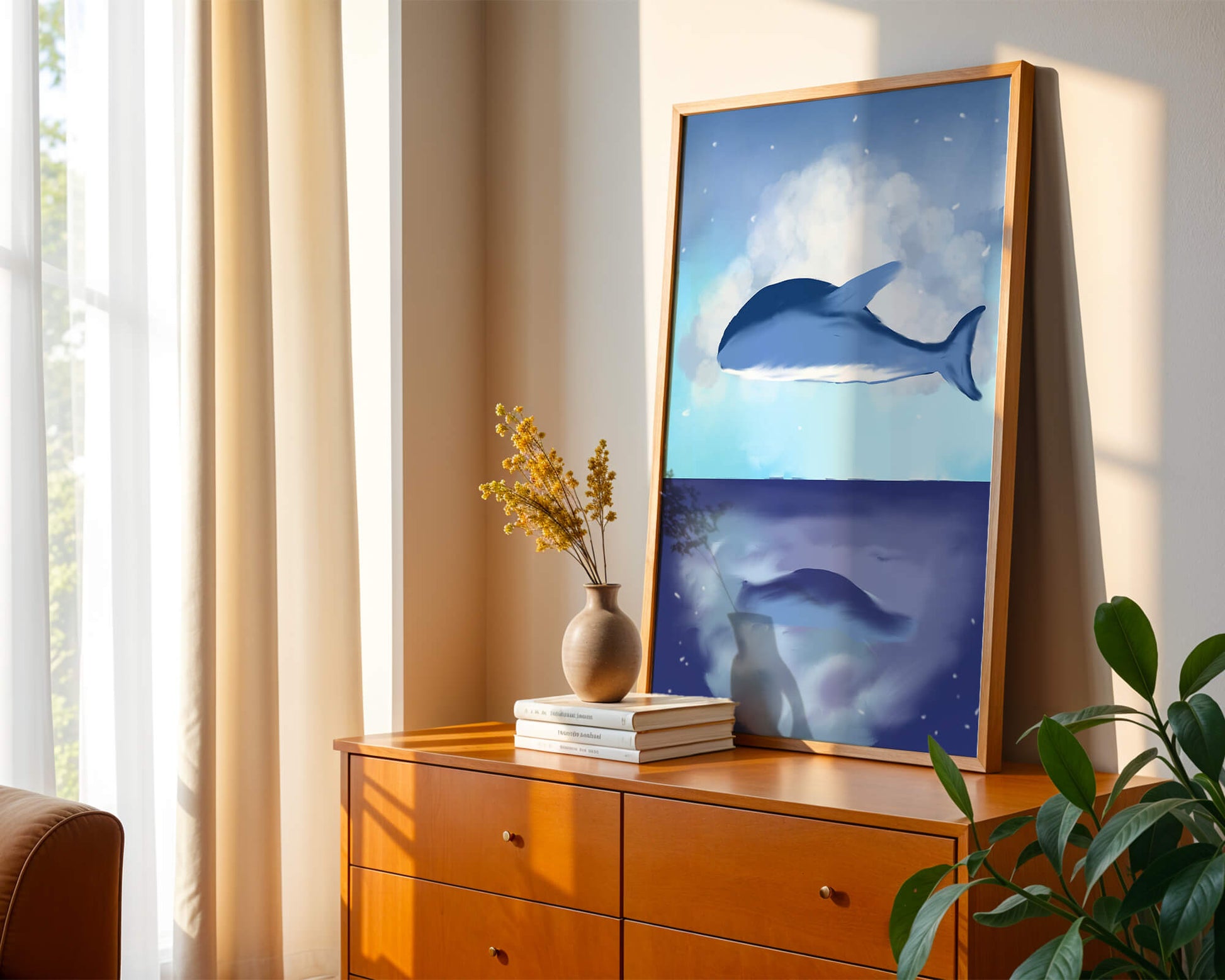 Surreal Ocean Scene with Floating Whale and Cloudy Sky Reflection