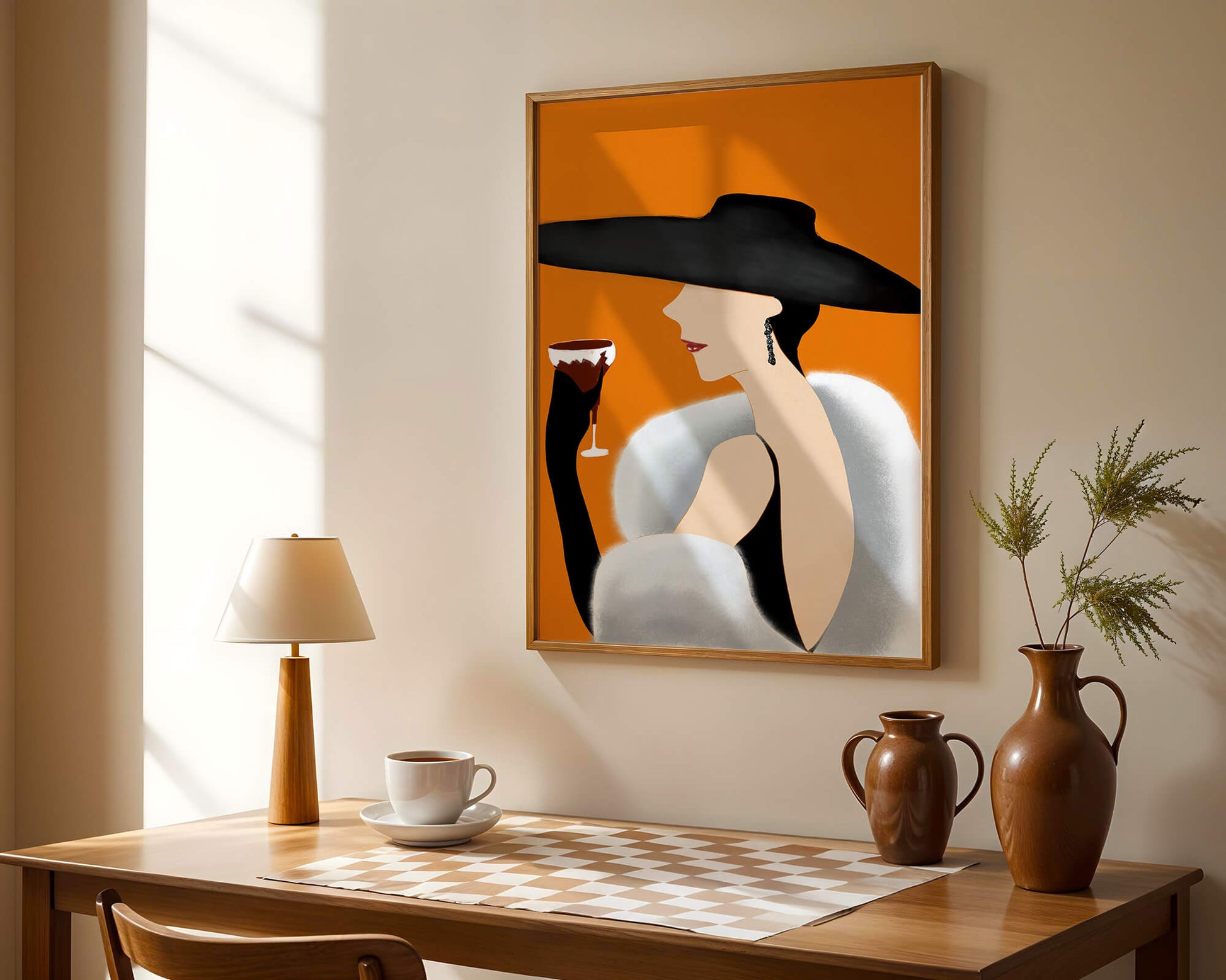 Elegant Woman in Black Hat and White Fur with Wine Glass