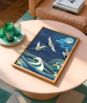 Una escena nocturna serena con grullas y olas al estilo del arte tradicional japonés