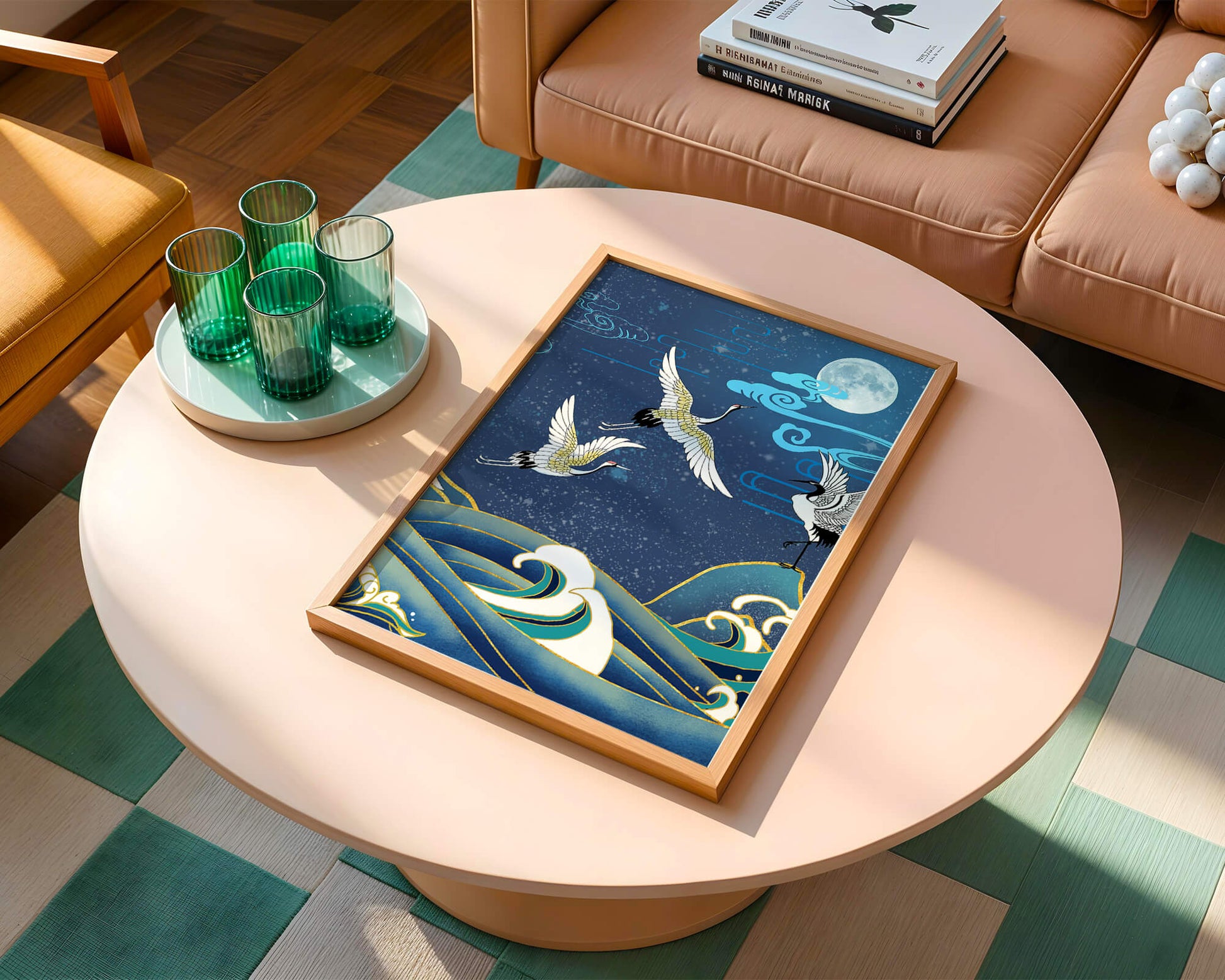 A Serene Night Scene with Cranes and Waves in Traditional Japanese Art Style