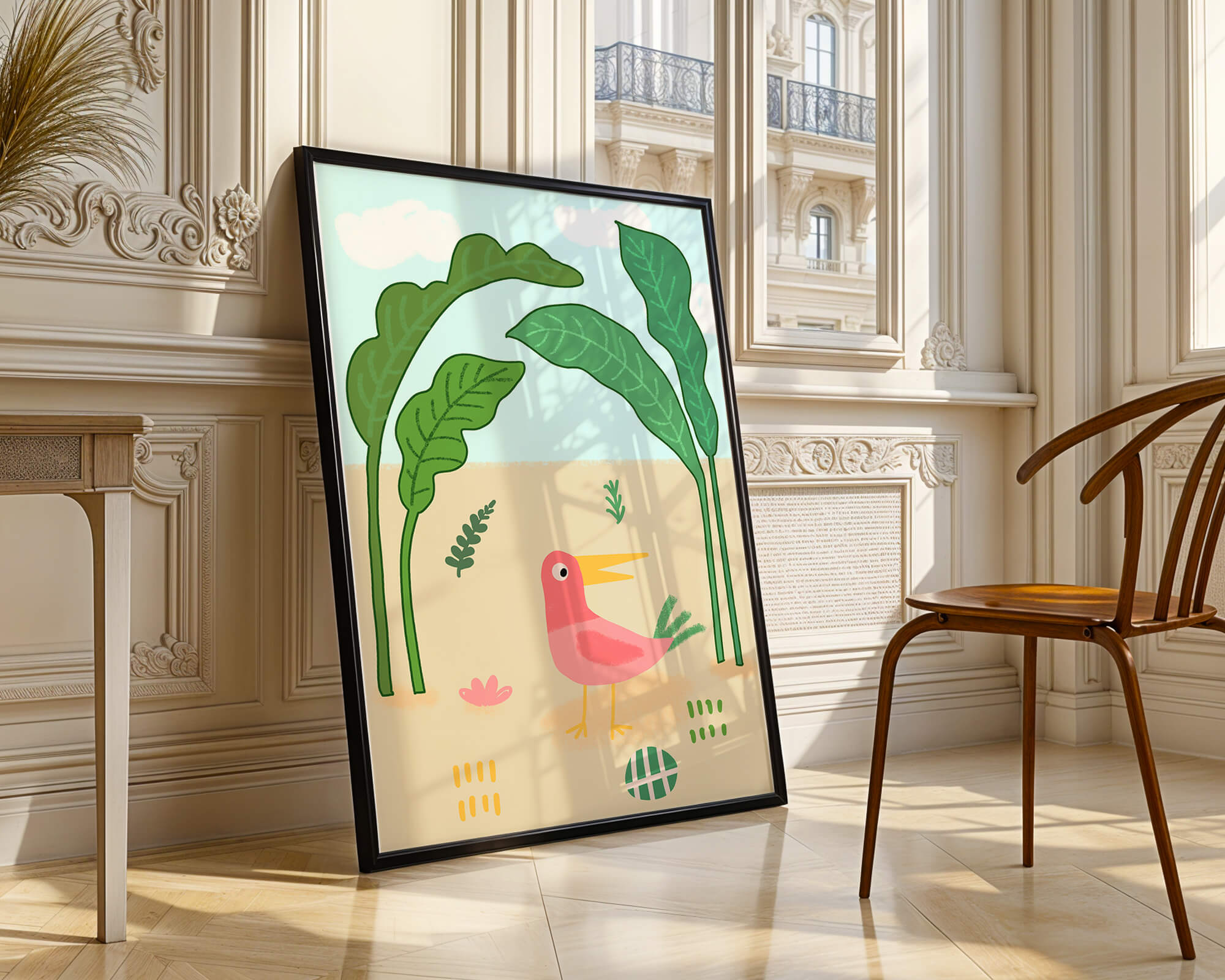 Colorful bird with large leaves and playful design