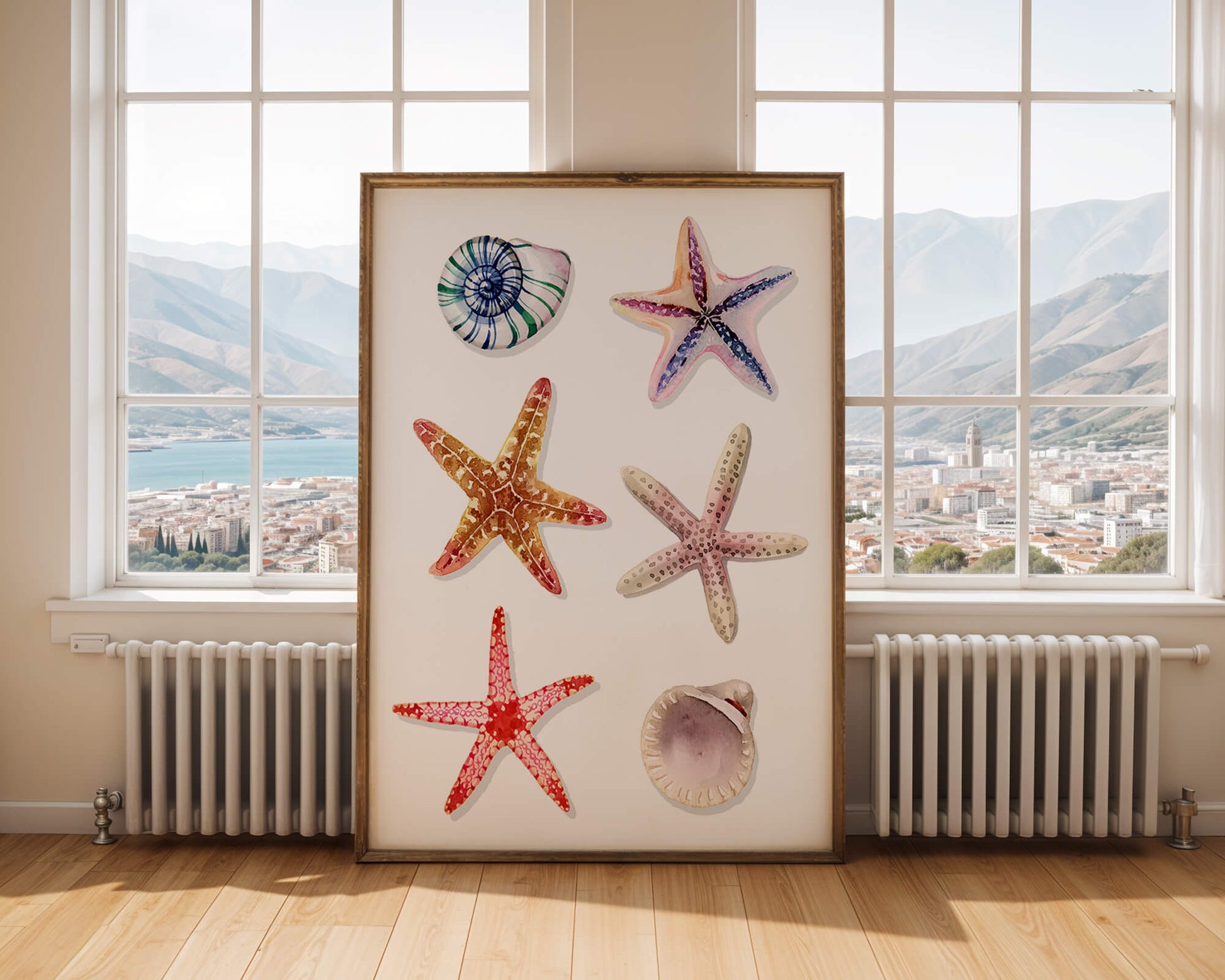 Watercolor collection of seashells and starfish illustration