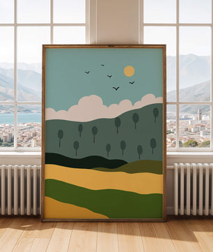 Minimalist Landscape with Hills and Sun