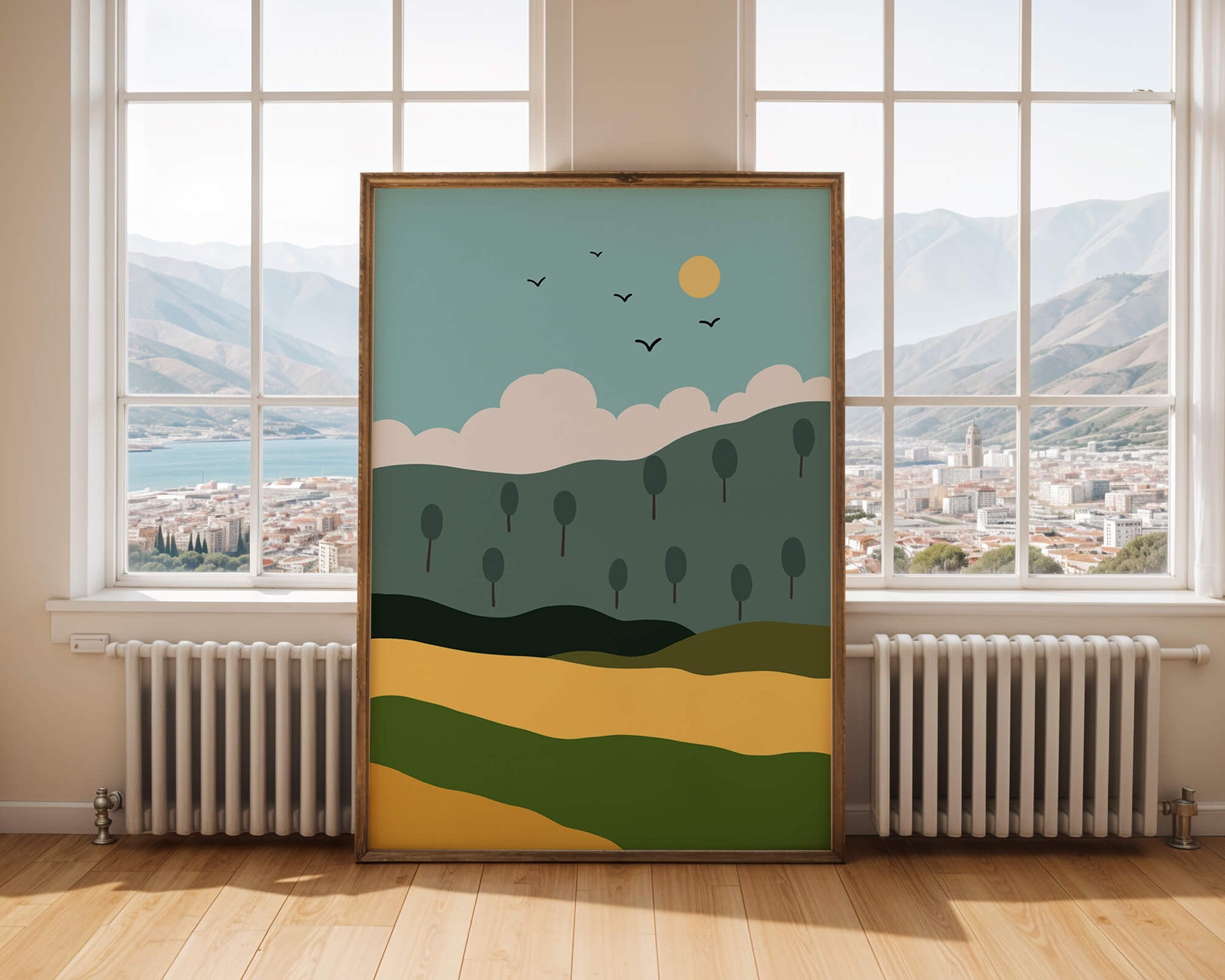 Minimalist Landscape with Hills and Sun