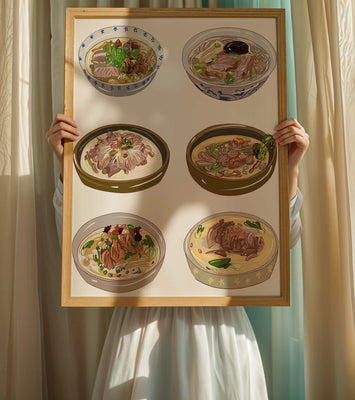 Illustrated bowls of Asian noodle soups with herbs and vegetables