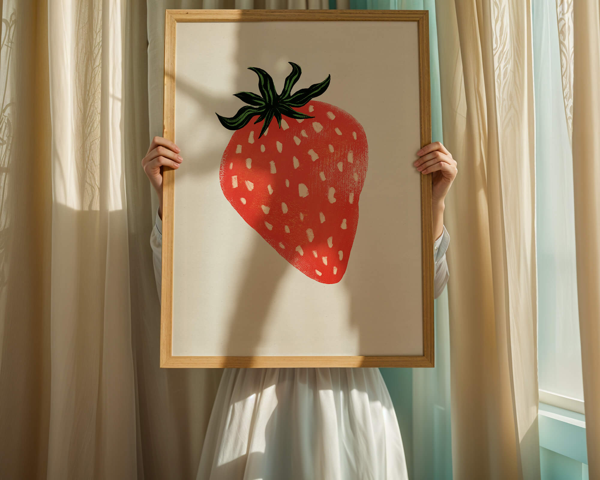 Illustrative design of a vibrant red strawberry with green leaves