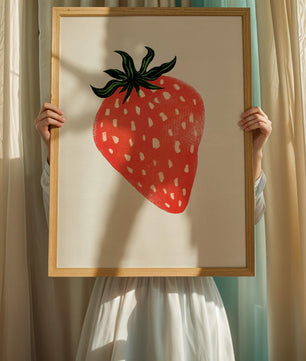 Illustrative design of a vibrant red strawberry with green leaves