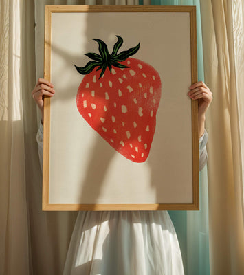 Illustrative design of a vibrant red strawberry with green leaves