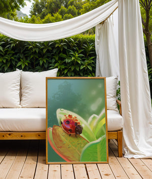 Ladybug on Leaf with Dew Drops in Serene Nature Setting - Mi tienda