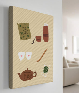 Illustración de un juego de té tradicional con hojas de té y accesorios