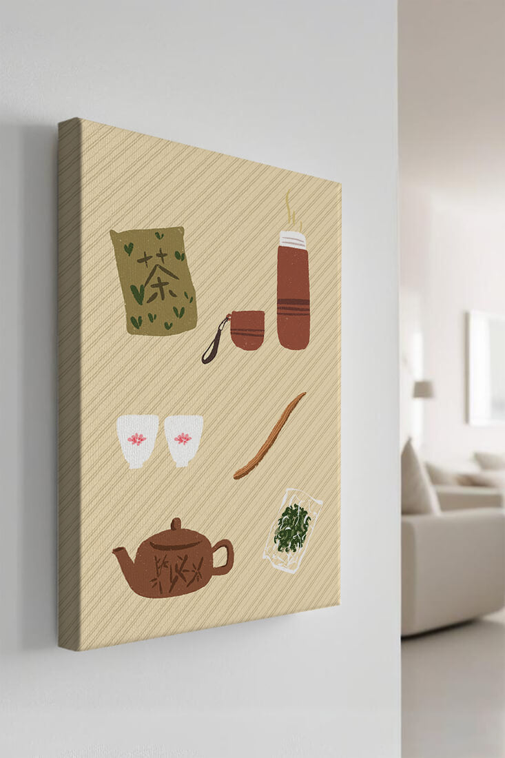Illustración de un juego de té tradicional con hojas de té y accesorios
