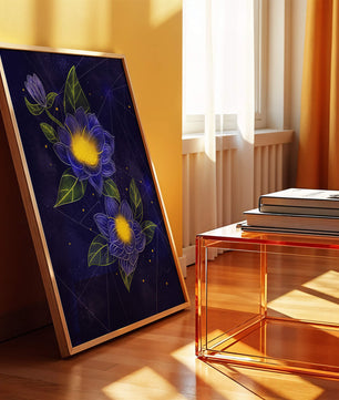 Floral Art with Blue and Yellow Lotus Design on Starry Background