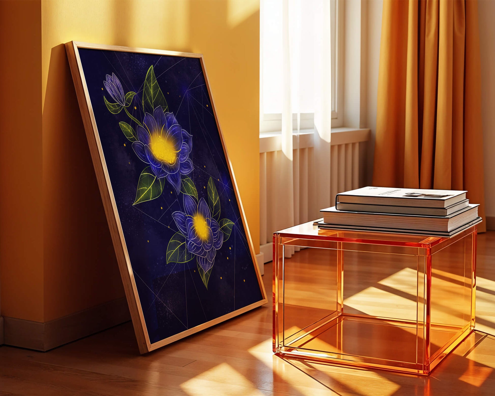 Floral Art with Blue and Yellow Lotus Design on Starry Background