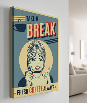 Retro Coffee Break Poster with Woman Holding a Cup - Mi tienda