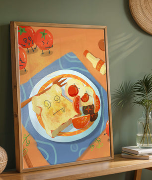 Whimsical Breakfast with Animated Tomatoes and Toast on a Bright Plate