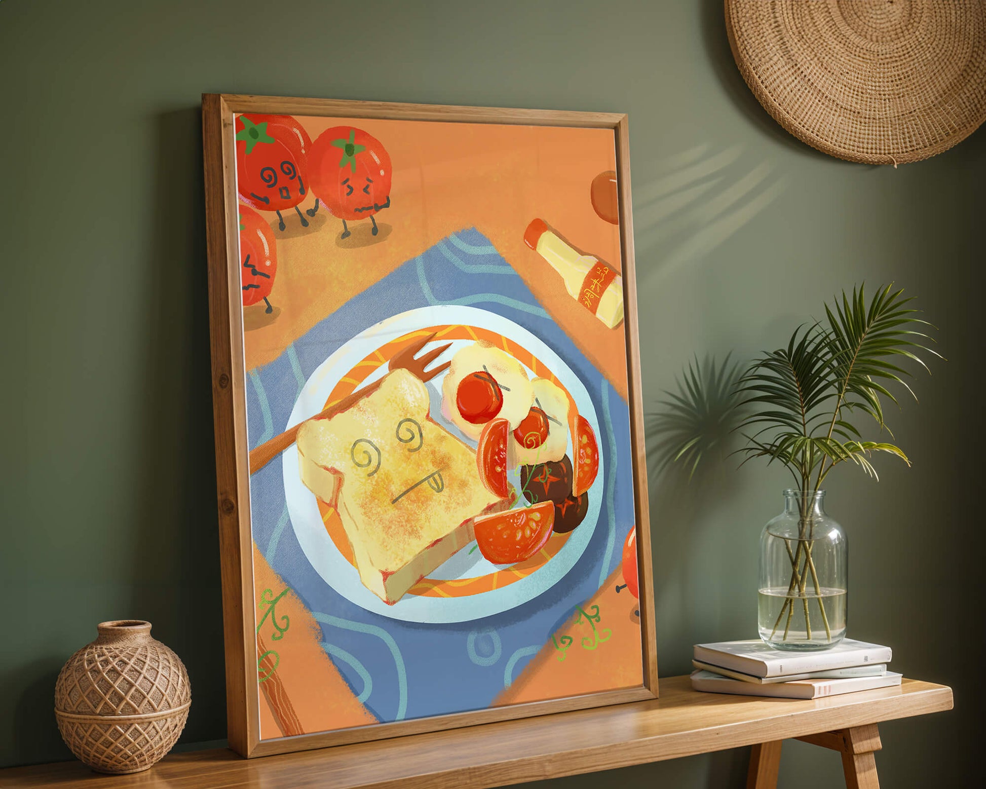 Desayuno caprichoso con tomates animados y tostadas en un plato brillante