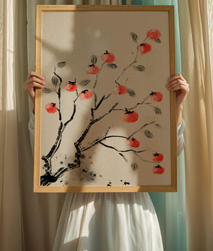 Elegant botanical illustration with vibrant red fruit on branches
