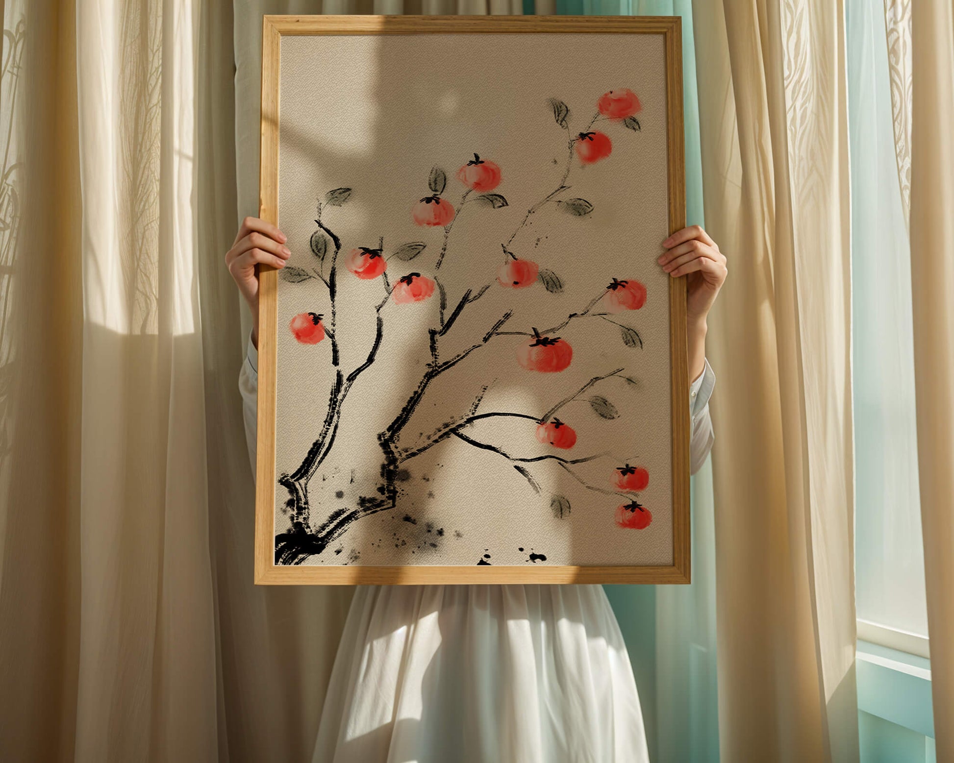 Elegant botanical illustration with vibrant red fruit on branches