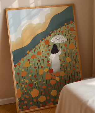 Woman with Umbrella in Blooming Field on a Sunny Day