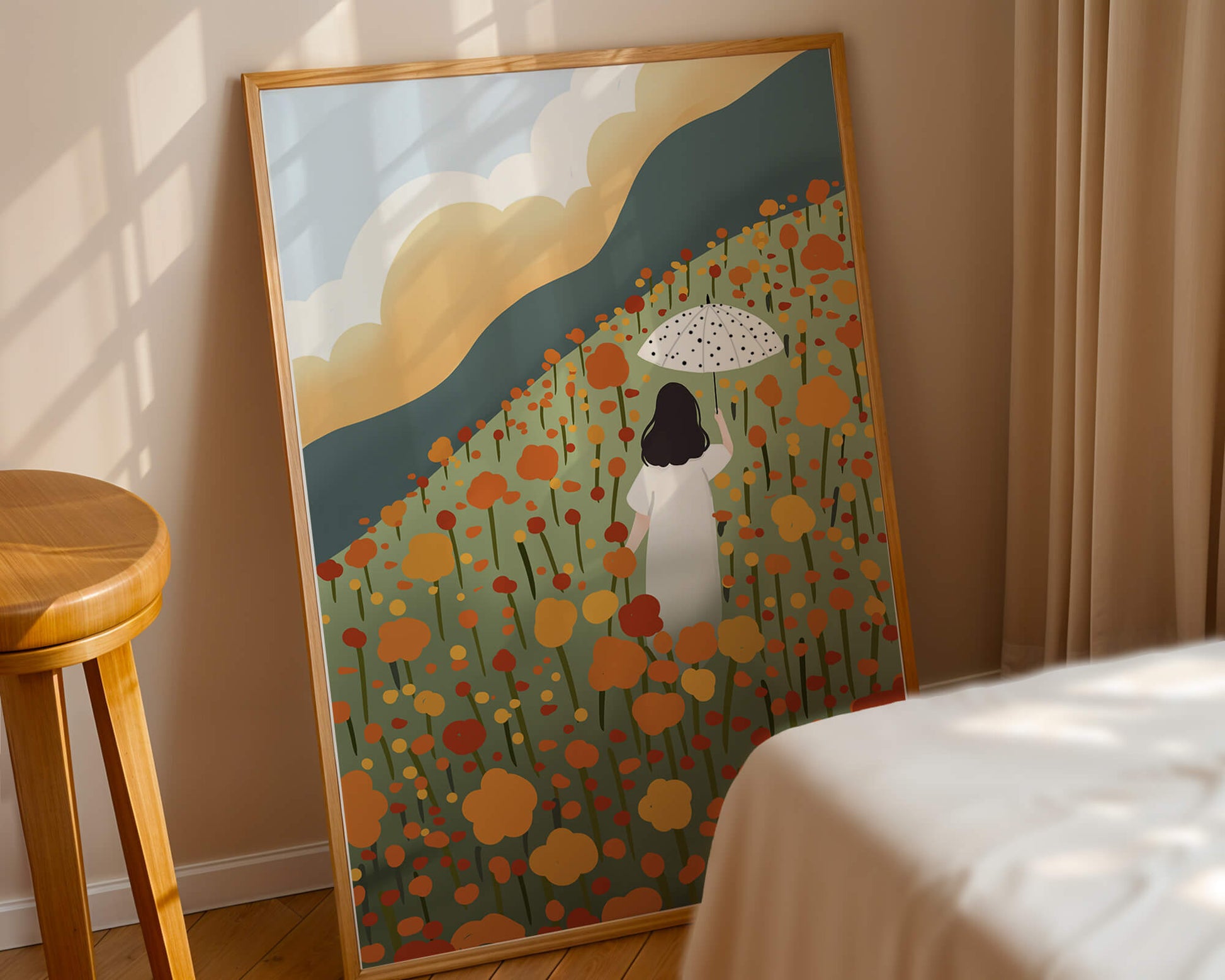 Woman with Umbrella in Blooming Field on a Sunny Day