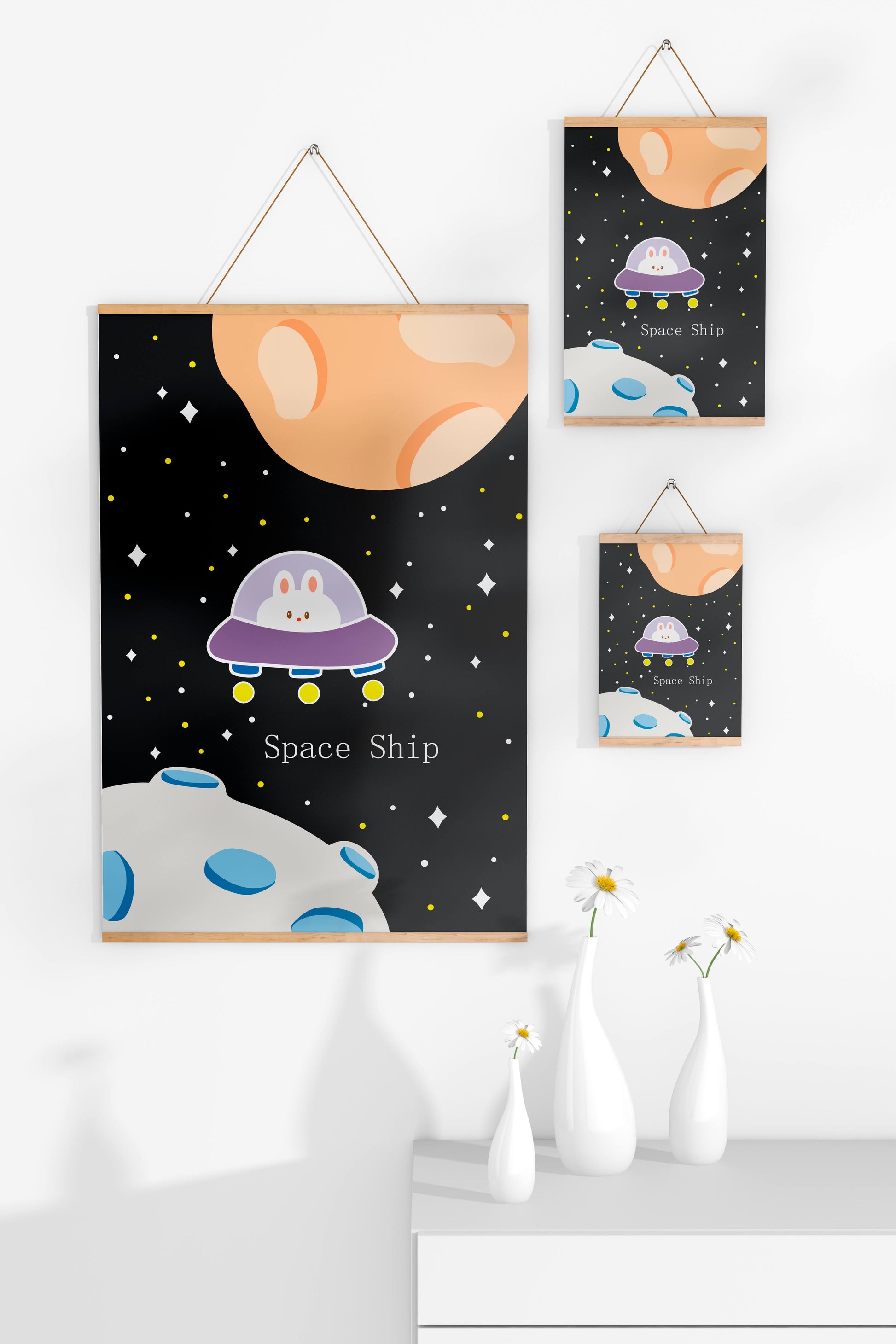 Cute bunny in spaceship with planets and stars in space illustration